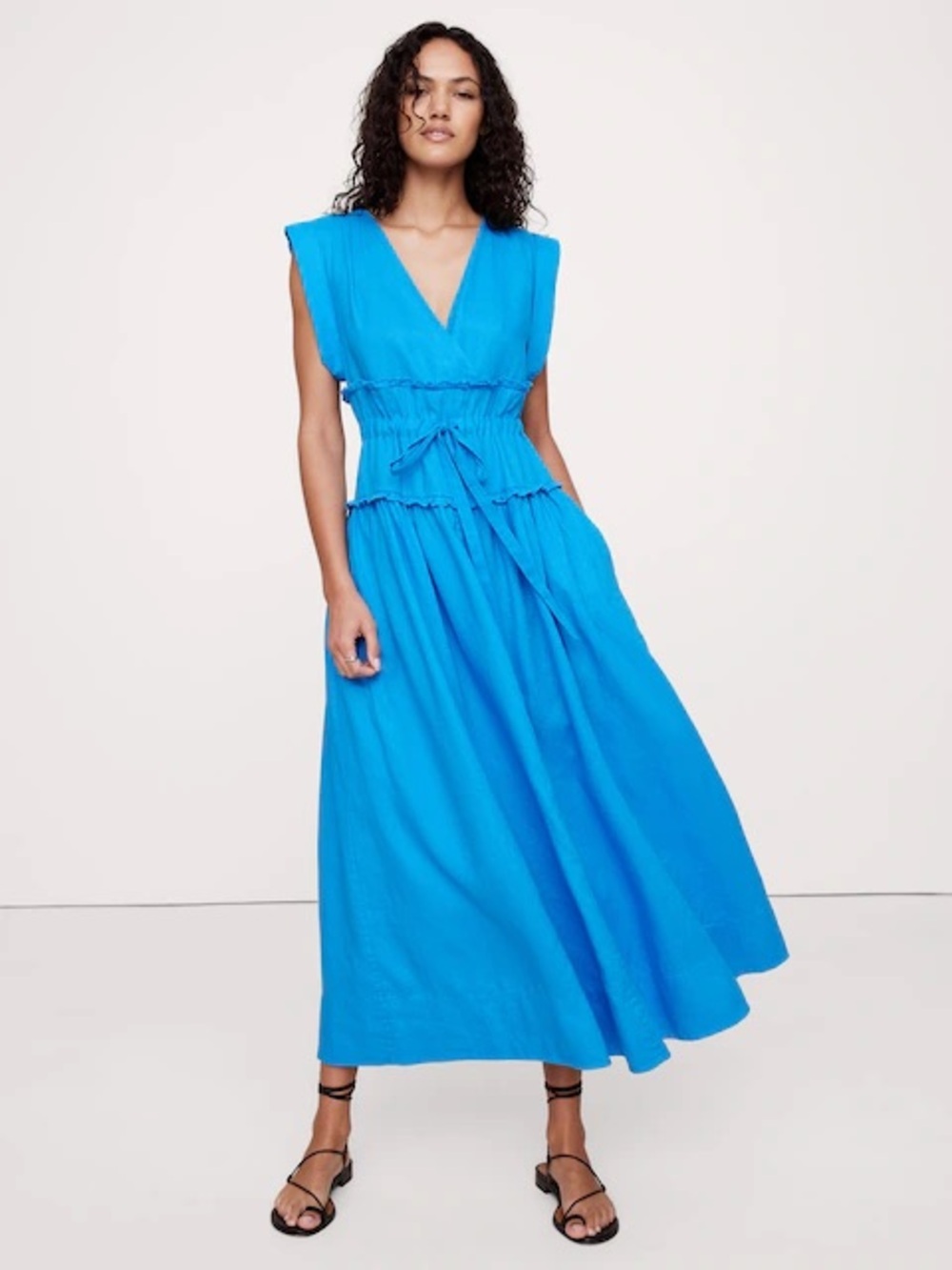 NWT Banana Republic linen maxi dress cinch-waist cobalt royal cap short sleeve